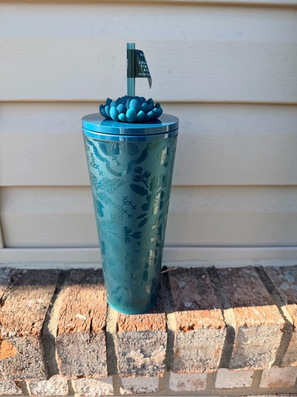 Starbucks Teal Floral Insulated Tumbler with Flower Straw Top